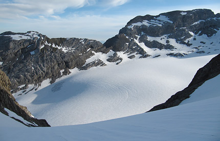 Oben am Couloir, der Blick hinunter auf den Glärnischfirn.